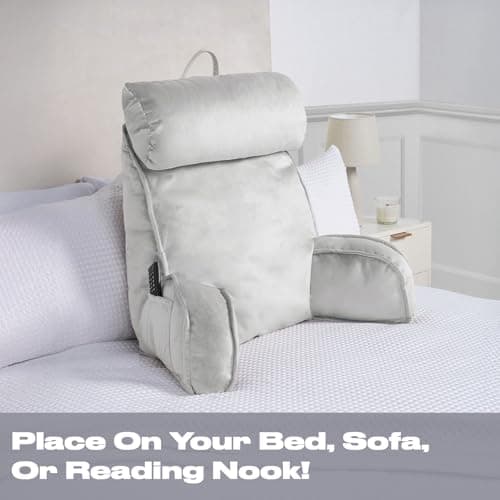 OHS Reading Pillow for Bed Adult, Detachable Neck Roll Gaming Cushion Cuddle with Head Rest Super Soft Comfy High Back Support Cushion with Arms for Sitting Up in Bed, Silver — view 2