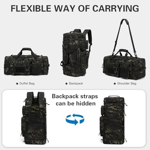 Tonruyn Tactical Duffle Bag Backpack for Men 40-45L Expandable Camo Travel Duffel & Sports Holdall Gym Bag with Shoe Compartment Wet Pocket Medium Weekender Overnight for Military Camping Luggage — view 3