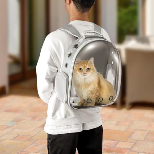 LN COZY CORNER Transparent Bubble Cat Backpack –Space Capsule Pet Carrier Backpack with Hard‑Shell Dome, Breathable Mesh & Padded Straps – Hands‑Free Travel Cat Bag Carrier (Grey) — view 5