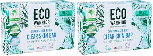 Eco Warrior Charcoal Clear Skin Soap Bar - Vegan, Cruelty Free, No SLS or Parabens, Whole Body Soap, Moisturising Charcoal, Grapeseed and Anti Bacterial Tea Tree Essential Oil, Eco Friendly Soap 100g