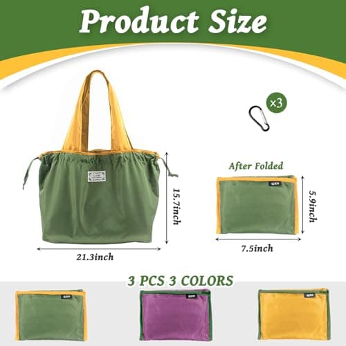 3PCS Reusable Shopping Bag Set, Lightweight Foldable Grocery Bags with Handles, Large Eco Drawstring Tote Bags, Drawstring Waterproof Shopper Bags Great Gift for Wedding Birthday Beach Women Mom — view 2