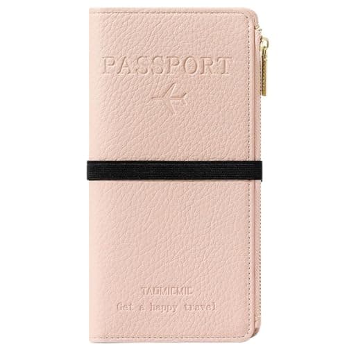 NQQNQQ RFID-Blocking Leather Travel Wallet & Passport Holder with Zipper Pocket, Card Slots, and Phone Compartment – Waterproof Travel Organizer for Women & Men. TG-1 (Pink)