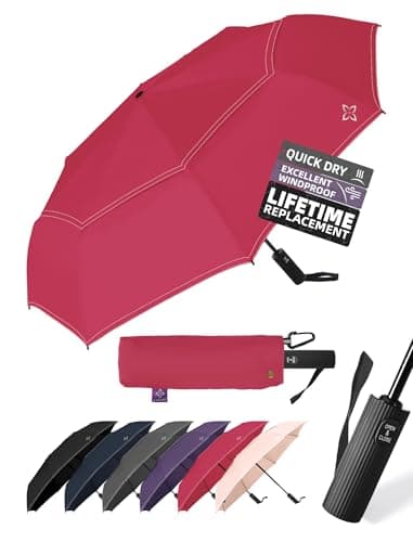 LILAC Umbrella Windproof Strong Compact - 8 Ribs Double Canopy Vented Travel Brolly with 4 Reflective Safety Strips, Automatic Open Close Folding Rain Gear for Night Walking & Handbag