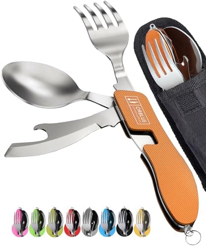 ORBLUE 4-in-1 Camping Cutlery Set 2-Pack – Stainless Steel Foldable Spoon Fork Knife Bottle Opener with Pouch – Portable Travel Cutlery & Camping Utensils for Hiking & Outdoor Use – Orange