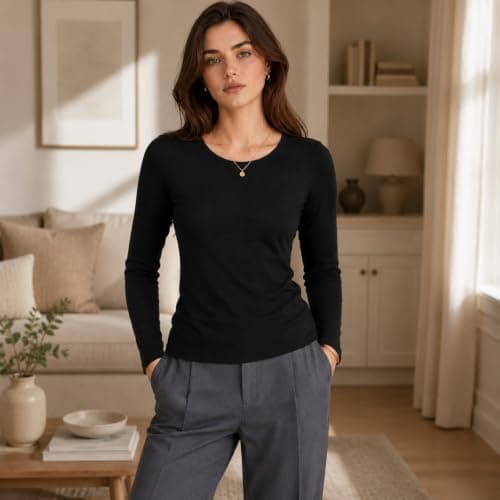SCCGKP 2 Pack Women's Long Sleeve Thermal Shirts Soft Crewneck Undershirt Tops Lightweight Base Layer Cold Weather (UK, Alpha, L, Regular, Regular, Black) — view 2