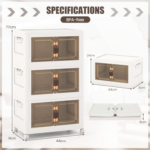 Multigot Folding Shoe Storage Box, 3/4/5 Tier Stackable Shoe Organizer Containers with Lid & Doors and Lockable Wheels, Collapsible Plastic Storage Bins Cabinet (44 x 31 x 77cm, 3-Tier) — view 3