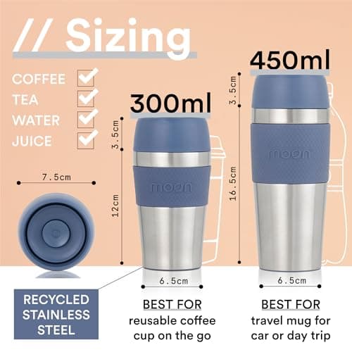 Moon 360° Travel Mugs - Leakproof Reusable Coffee Cup for Hot Drinks - Insulated Stainless Steel Thermal Mug, Fits Car Cup Holders (450ml, Recycled Metal/Blue) — view 2