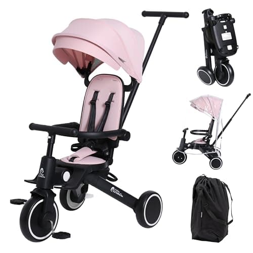 FYLO Xplor Baby Trike Foldable Tricycle Toddler Parent Handles Travel Bag Raincover 8 in 1 Design 10m - 5 Years - Pastel Pink