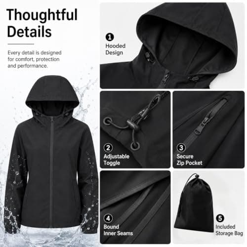Innfttwo Lightweight Rain Jackets Womens Ladies Waterproof Jackets with Hood Packable Raincoat Women for Running Cycling Hiking (UK, Alpha, S, Regular, Regular, Black) — view 6