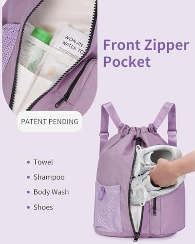 WANDF Drawstring Gym Bag Sports Backpack with Shoes Compartment Water-resistant Swimming Bag for Men Women Ideal for PE School Travel Beach (Lilac Purple) — view 2