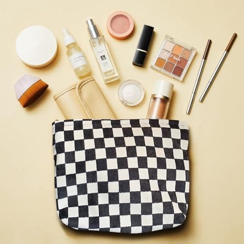 KEYRI Make up Bag Toiletry Bag Portable Travel Makeup Pouch Mini Cosmetic Bag Plaid Corduroy Zipper Pouch Cosmetic Organizer for Women and Girls Small Make up Bag (Black) — view 4