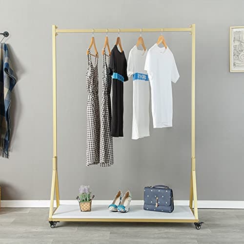 Ethemiable Clothes Store Simple Rolling Garment Rack with Wheels,Storage Shoe Bag Clothing Display Stands,Office Organization Shelf,Home Dress Hanging Shelves（Gold with Wood Board, 47.2" L） — view 2