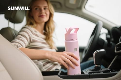 SUNWILL Metal Water Bottle with Straw Stainless Steel, 650ml Insulated Leakproof Thermal Flask with 2 Lids for Cold and Hot Drink, Running, Sports, Gym, Travel, Sakura — view 5