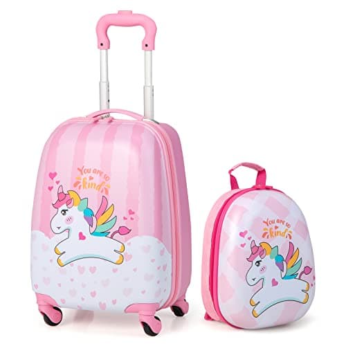 GYMAX 2Pcs Kids Luggage Set, 16"/18" & 12" Girls Suitcase (Pink, 12" & 16")