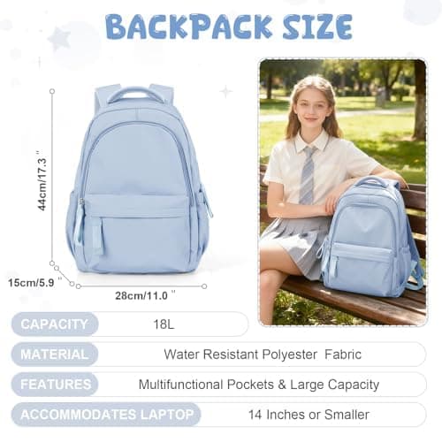 HYC00 Laptop Backpack for Women School Bags for Teen Girls Boys College High School Backpack Travel Work Rucksack Bag for Women Casual Daypack Water Resistant 14 Inch Laptop Rucksack Bookbag, Sky Blue — view 2