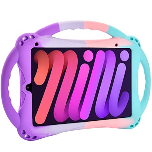TopEsct Kids Case for iPad Mini 7 (A17 Pro) 2024 /iPad Mini6 2021, Shockproof Silicone Cover with Handle Stand for 8.3" iPad Mini 6th/7th Gen,Puple and Turquoise