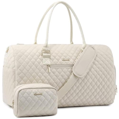 LOVEVOOK Travel Bags Gym Bag for Women, Weekend Hand Luggage Duffel Bag with Shoe Compartment & Wet Pocket for Sports, Waterproof Carry On Holdall for Plane Cabin, Large Hospital Overnight Bags, Beige