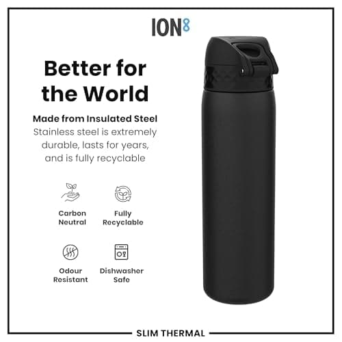 Ion8 Vacuum Insulated Steel Water Bottle, 500 ml/17 oz, Leak Proof, Easy to Open, Secure Lock, Dishwasher Safe, Fits Cup Holders, Carry Handle, Scratch Resistant, Metal Water Bottle, Black — view 5