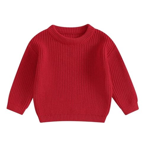 Geagodelia Toddler Baby Boy Girl Warm Sweater Long Sleeve Crew Neck Solid Color Knitted Pullovers Tops Knit Jumpers Sweatshirt Chunky Knitwear Fall Winter Clothes Outfits (Red, 2-3 Years)