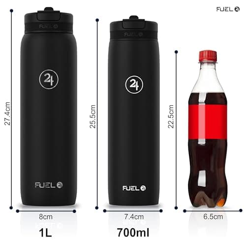 Fuel24 Duo - Stainless Steel Water Bottle 700ml or 1L - Vacuum Insulated Metal Flask with Straw (Dual use Lid) 1 Litre - for Sports, Gym, Work – Slim Design (Carbon, 700 ml) — view 4