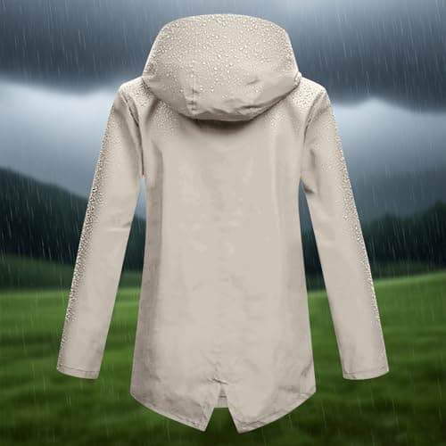 women's jackets Waterproof Jacket for Women Lightweight Windbreak Hooded Rain Coat UK Loose Casual Long Sleeve Water-resistant Raincoat Ladies Autumn Outdoor Hiking Wear Outfits Beige M — view 4