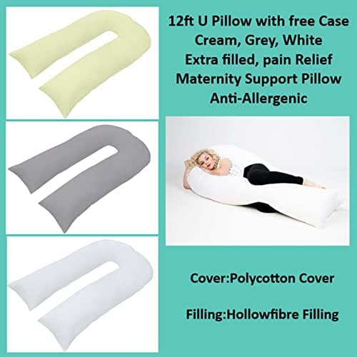 ARLINENS 12 Ft Comfort Long U Shaped Full Body & Back Support Pillow Extra Fill With Hollow Fiber- Soft Cuddle Nursing, Pregnancy & Leg Support Pillow with Free Pillowcase (Cream) — view 2