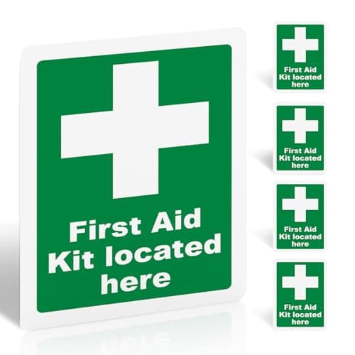 First Aid Kit Located Here Signs, 5 Pack, 200x150mm Vinyl Safety Stickers