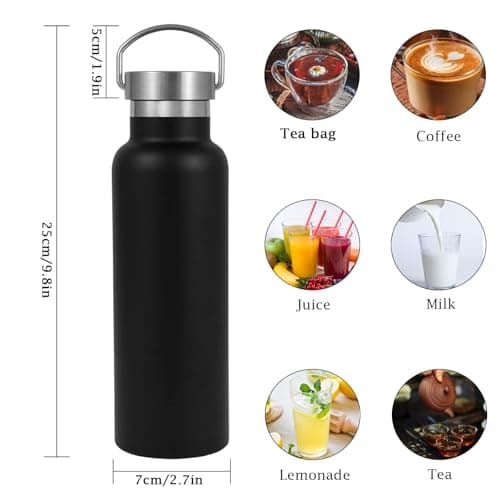 Water Bottle Stainless Steel Insulated 500ml with Leakproof Lid and Handle, Double Wall Vacuum Travel Bottle for School, Hiking, Travel - Reusable Metal Standard Mouth Flask for Everyday Use (Black) — view 2