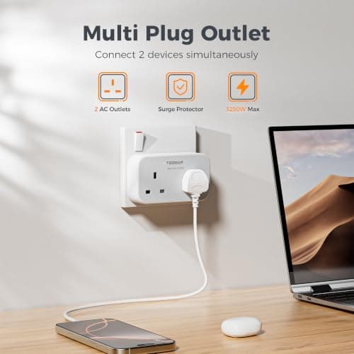 TESSAN Double Plug Adapter UK, 2 Way Plug Extension Socket — view 2