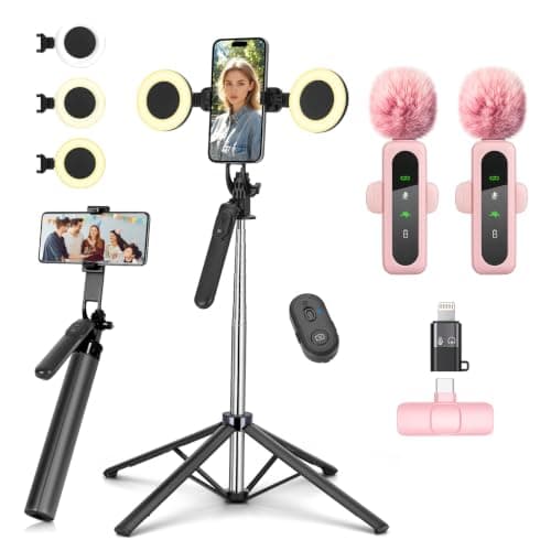 180cm Vlogging Kit for iPhone,Selfie Stick with Light and Microphone
