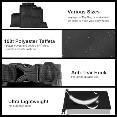 vsshe Waterproof Dry Bags 6PCS, Lightweight DryBags, Compression Sack Canoe Bag with1.5L, 2.5L, 3L 3.5L, 5L, 8L Sacks Bag for Kayaking Rafting Boating Hiking Camping Travel Backpacking Black — view 3