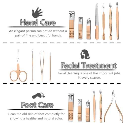 AYBUY Manicure Set, 12pcs Nail Clippers Pedicure Kit, Portable Nail Trimming set,Stainless Steel Grooming Tools with Fine Leather Case for Men Women Friends and Parents(Rose Gold) — view 6