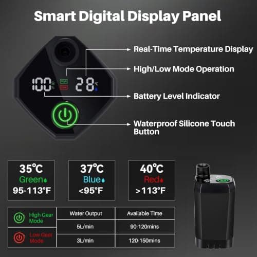 COOLIGO Camping Shower with Heater, 6000mAh Rechargeable Camping Shower with 2000W Immersion Heater, LED Display, Heated Outdoor Shower for Travel, Hiking, Car, Pet — view 3
