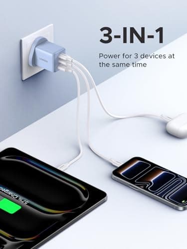 UGREEN USB C Charger Plug, 30W 3-Port USB Fast Charger Power Adapter, Blue — view 3