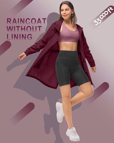 33,000ft Women's Rain Jacket Lightweight Hooded Long Rain Coat Waterproof Jacket Ladies Packable Functional Jacket Windbreaker Breathable Active Outdoor Coats Wine RedM/12 — view 2