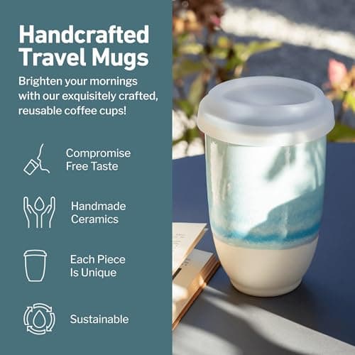 NOVA CERAMICS Travel Mug - Portable Coffee Mug – Coffee Mug Travel Unique to Go Mug – Microwave & Dishwasher Safe Coffee Cups Reusable - Gifts for Women Men Him Her – 355ml - Lagoon — view 2