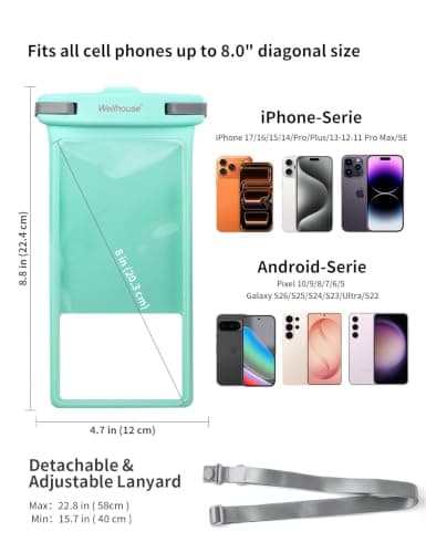wellhouse Waterproof Phone Pouch, Waterproof Phone Case for iPhone 15 14 13 12 Pro Max XS Samsung, IPX8 3D Cellphone Dry Bag Beach Essentials -Crystal Mint 1 Pack 8.0" — view 4