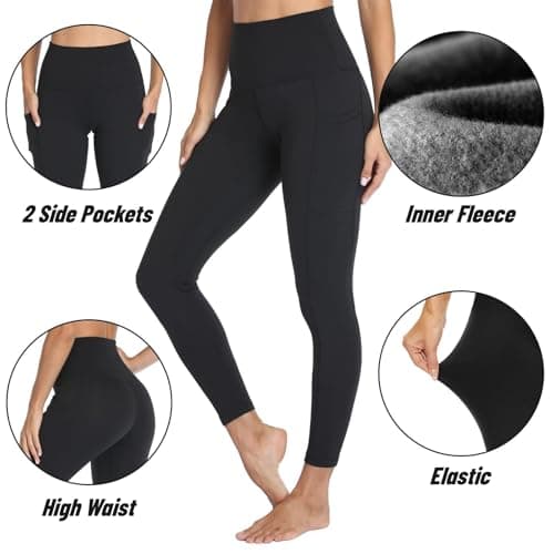 AMIYOYO Thermal Leggings Women with Pockets Black Fleece Lined Leggings — view 3