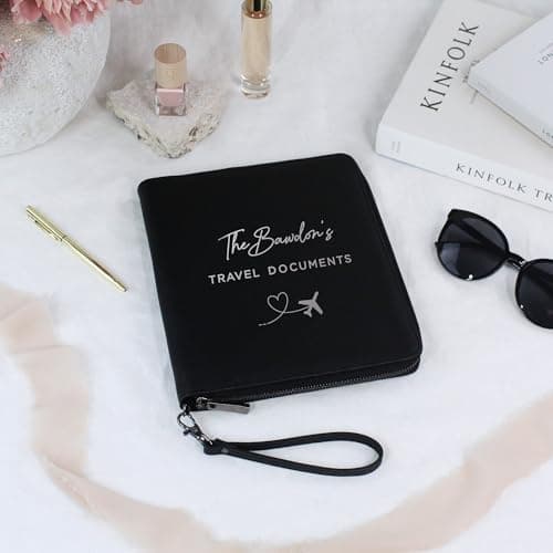 GiftsInaJiffy Personalised Travel Document Holder with Name, PU Leather Passport & Document Organiser, Zipped Travel Wallet for Couples, Honeymoon (Black) — view 2