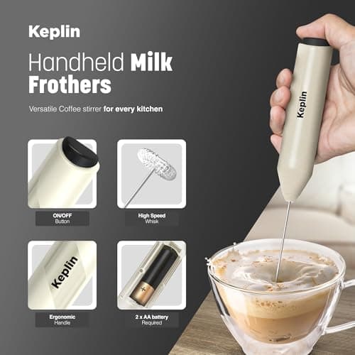 Keplin Handheld Milk Frother - Stainless Steel Electric Whisk - Portable Battery Operated Coffee Stirrer for Lattes, Matcha, Protein Shakes - Ergonomic, Compact, Easy to Clean & Use (Cream) — view 3