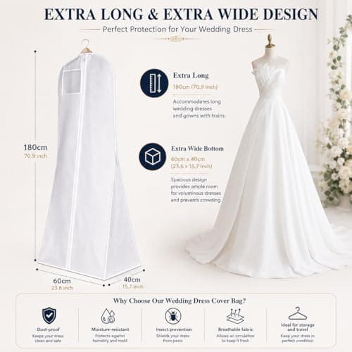 Hanging Wedding Dress Cover 180x60x40cm, Bridal Gown Garment Cover Storage Bag, Full Length Travel Protector for Bridal Dress, Long Clothes Storage Cover, Dust Proof Garment Bag with Zipper for Women — view 2