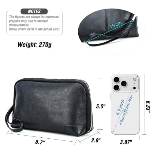 Electronic Organizer Zipper Bag Tech Pouch, Top Grain Leather Handmade, Portable Compact Travel Storage Cases Fits Apple Accessories, Phone, USB Cables, Power Banks, Chargers, Hard Drive, Black — view 4