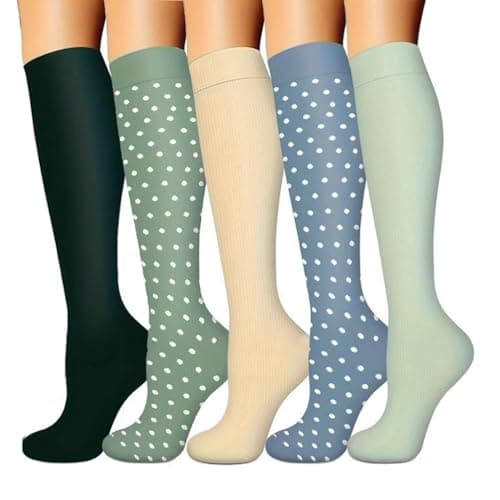 5 Pairs Compression Socks for Women & Men, Knee-High Athletic Support, Breathable Flight Socks Running Socks for Sports Flying Travel Running Green-S/M