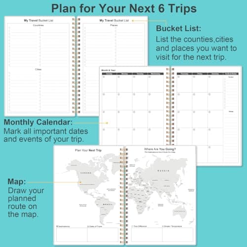 Travel Journal for Women & Men, Vacation & Road Trip Planner Organizer, Travel Notebook for 6 Trips, Trip Planner Gift to Record Memories and Adventures from Special Trips, 5.8" x 8.5", Teal Floral — view 3