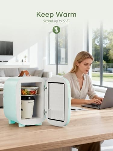 Mini Fridge 5 Liter/6 Cans, Small Fridge for Bedrooms, Cooler and Warmer, AC/DC Power, Portable for the Office, Bedroom, Car, Travel, Cosmetics/Makeup/Skincare, Green — view 4