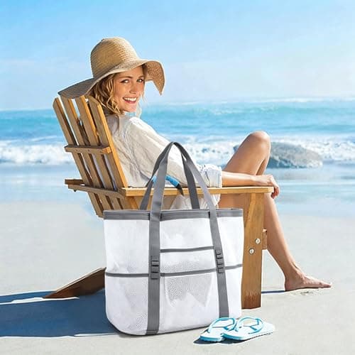 MUNKST Large Mesh Pool Tote Bag,Beach Bags for Women with Zip Waterproof Pocket,Summer Holiday Essentials Family Travel Bag,Reusable Shopping Grocery Shoulder Bag for Picnic Gym School (white) — view 2