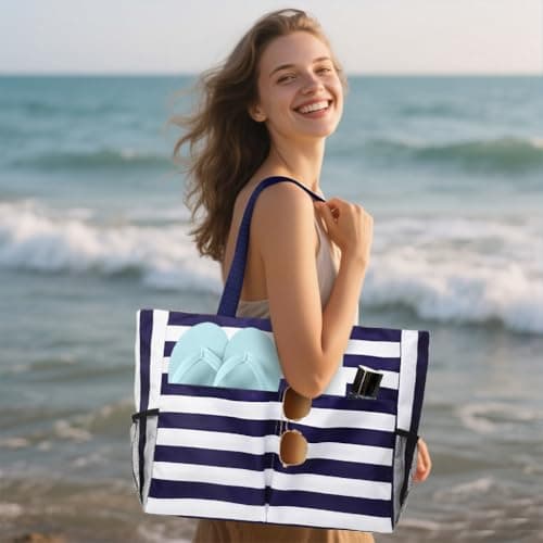 flintronic Extra Large Lightweight Beach Bag, Waterproof Beach Tote Bag with Zip, Foldable Shoulder Bag for Women, Reusable Shopping Bag, for Beach Travel Holiday Swimming Picnic,Navy Blue — view 2