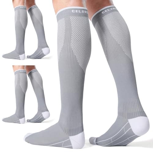 CS CELERSPORT 3 Pairs Compression Socks for Women and Men 20-30 mmHg Travel Flight Socks Knee High Socks(Grey),Small/Medium