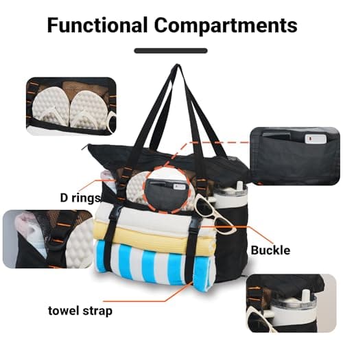 kokkoya Black 40L Large Mesh Beach Bag with Zip for Family Pool & Travel — view 5