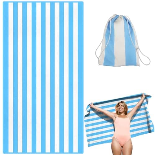Victoper Microfiber Beach Towel d Rapid Drying Sand Free Soft Compact Lightweight Qualities Beach Towels for Adults Ideal for Swimming Beach Yoga Camping Gym Carry Bag Sky Blue Stripes 63x35 Inch